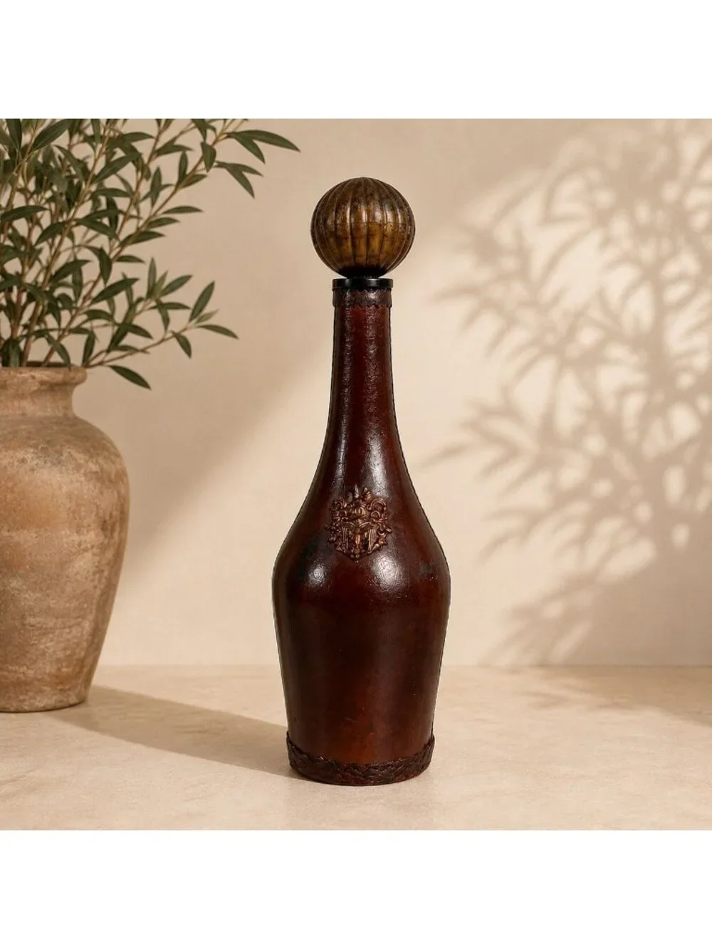 Italian Leather Covered Decanter Bottle Globe Stopper VTG MCM Barware Decor